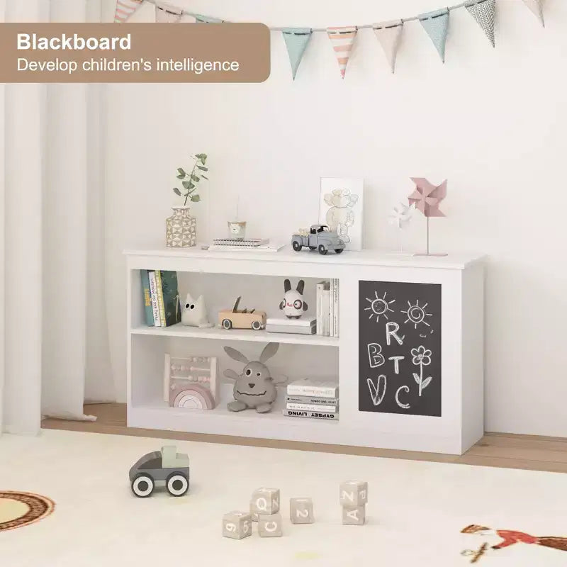 MAYEERTY Étagère à livres et meuble de rangement pour jouets 3 en 1 avec tableau noir, organiseur pour salle de jeux, chambre, salle de classe, blanc