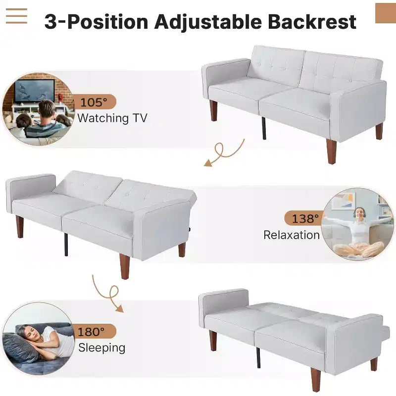 Canapé-lit convertible Zevemomo avec dossier réglable, fonctions de fauteuil inclinable et de causeuse, coussins en mousse et à ressorts, blanc
