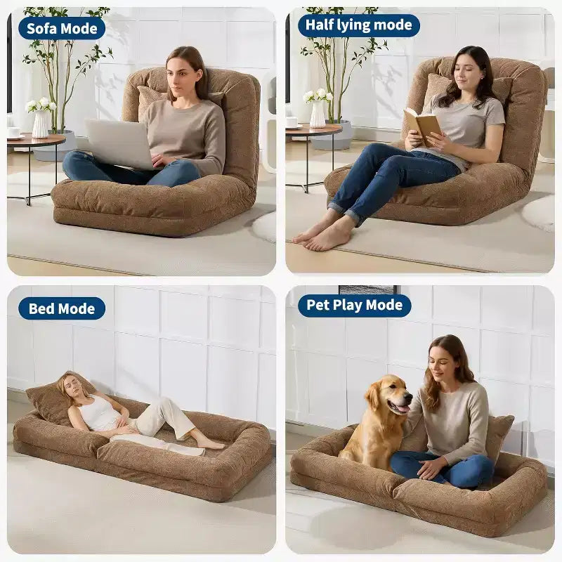 COZONY Lit de sol, canapé-lit, fauteuil paresseux réglable 5 positions, lit pour humains et animaux de compagnie, tatami pliable, oreillers inclus