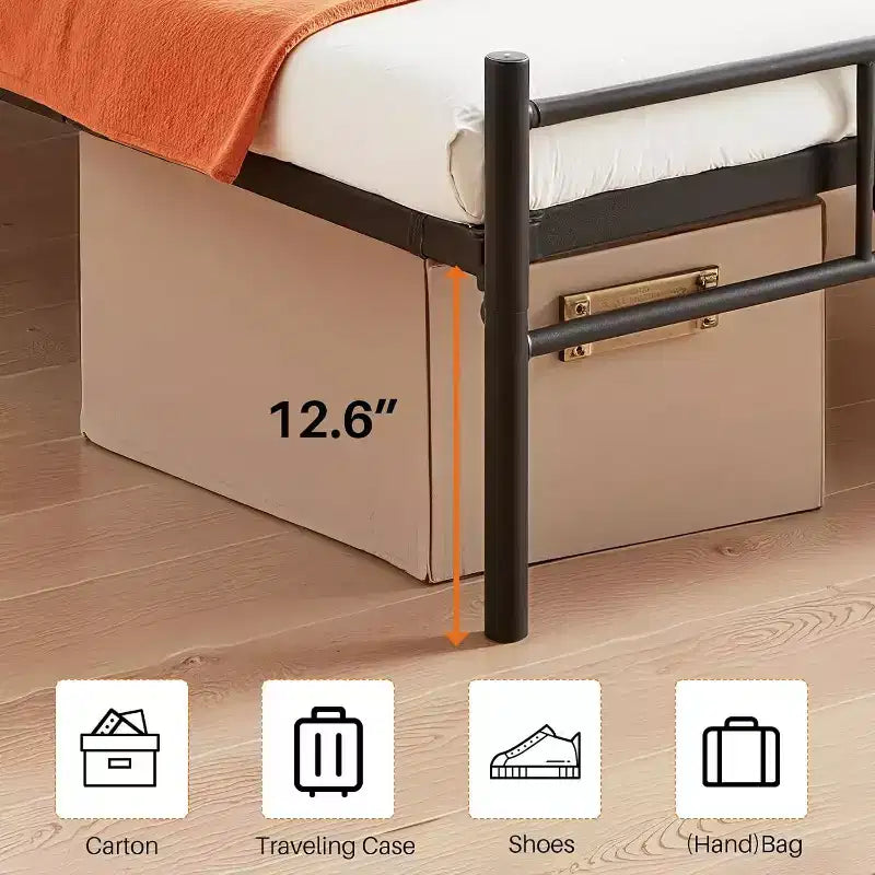 FurnitureR Cadre de lit double en métal avec tête et pied de lit, plateforme de lit avec rangement sous le lit, silencieux, pas besoin de sommier tapissier, noir