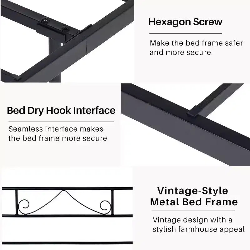 FurnitureR Cadre de lit double en métal avec tête et pied de lit, plateforme de lit avec rangement sous le lit, silencieux, pas besoin de sommier tapissier, noir