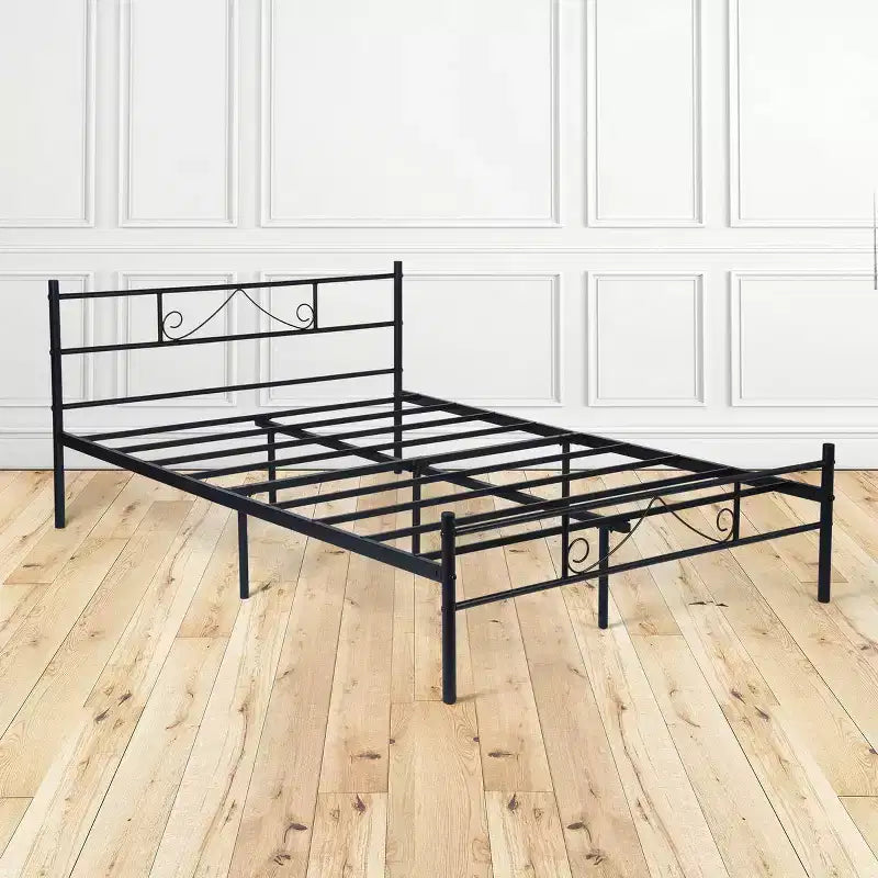 FurnitureR Cadre de lit double en métal avec tête et pied de lit, plateforme de lit avec rangement sous le lit, silencieux, pas besoin de sommier tapissier, noir