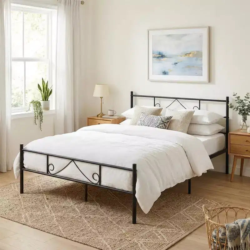 FurnitureR Cadre de lit double en métal avec tête et pied de lit, plateforme de lit avec rangement sous le lit, silencieux, pas besoin de sommier tapissier, noir