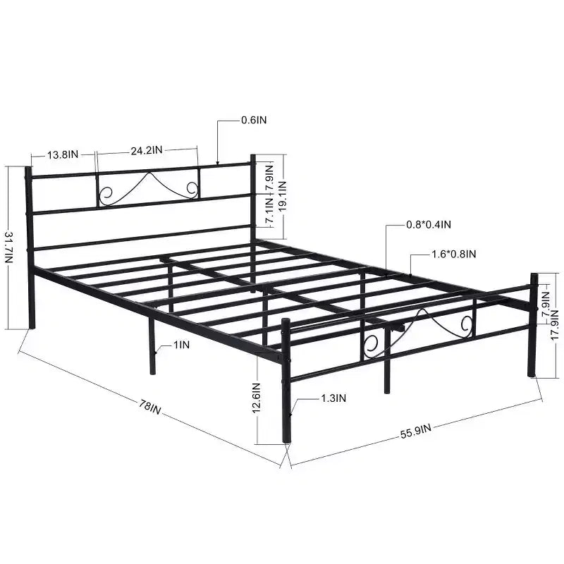 FurnitureR Cadre de lit double en métal avec tête et pied de lit, plateforme de lit avec rangement sous le lit, silencieux, pas besoin de sommier tapissier, noir