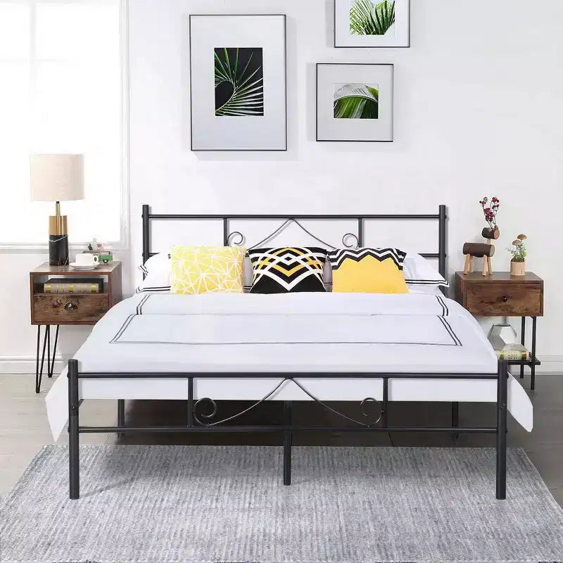 FurnitureR Cadre de lit double en métal avec tête et pied de lit, plateforme de lit avec rangement sous le lit, silencieux, pas besoin de sommier tapissier, noir