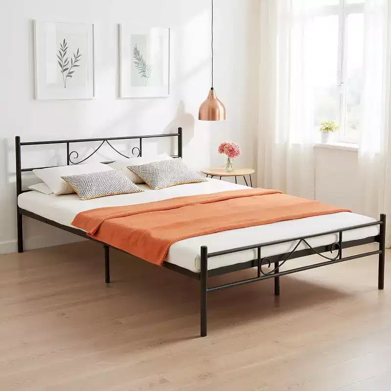 FurnitureR Cadre de lit double en métal avec tête et pied de lit, plateforme de lit avec rangement sous le lit, silencieux, pas besoin de sommier tapissier, noir