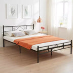 FurnitureR Cadre de lit double en métal avec tête et pied de lit, plateforme de lit avec rangement sous le lit, silencieux, pas besoin de sommier tapissier, noir