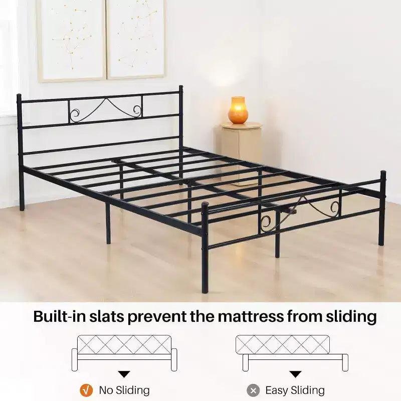 FurnitureR Cadre de lit double en métal avec tête et pied de lit, plateforme de lit avec rangement sous le lit, silencieux, pas besoin de sommier tapissier, noir
