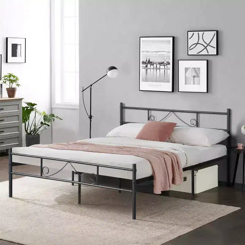 FurnitureR Cadre de lit double en métal avec tête et pied de lit, plateforme de lit avec rangement sous le lit, silencieux, pas besoin de sommier tapissier, noir