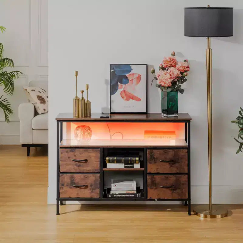 Console Tables with USB and Charging Station, 43.31 Inch Entryway Table with 4 Fabric Drawers, Sofa Table Narrow with Storage Shelves Brown