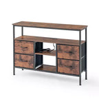 Tables console avec ports USB et station de charge, table d'entrée de 110 cm avec 4 tiroirs en tissu, table de canapé étroite avec étagères de rangement marron