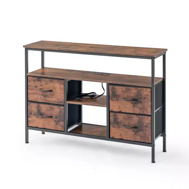 Tables console avec ports USB et station de charge, table d'entrée de 110 cm avec 4 tiroirs en tissu, table de canapé étroite avec étagères de rangement marron