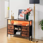 Tables console avec ports USB et station de charge, table d'entrée de 110 cm avec 4 tiroirs en tissu, table de canapé étroite avec étagères de rangement marron