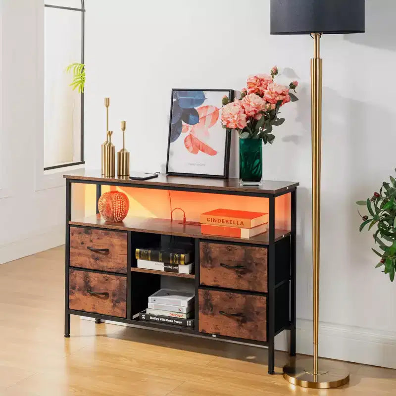Tables console avec ports USB et station de charge, table d'entrée de 110 cm avec 4 tiroirs en tissu, table de canapé étroite avec étagères de rangement marron