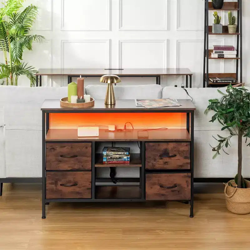 Tables console avec ports USB et station de charge, table d'entrée de 110 cm avec 4 tiroirs en tissu, table de canapé étroite avec étagères de rangement marron