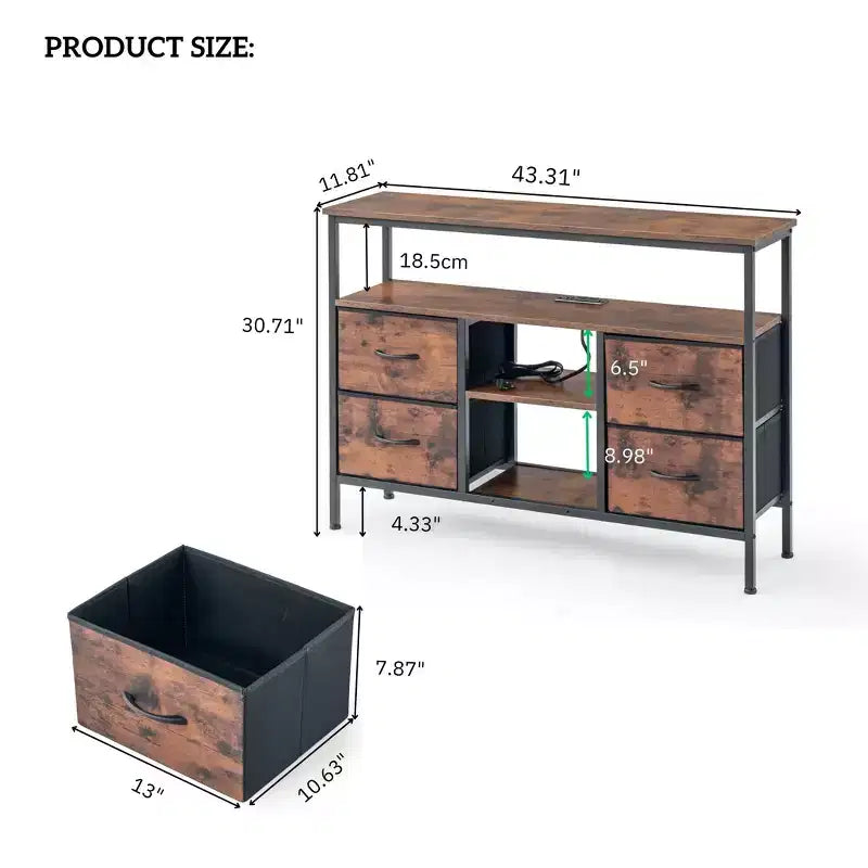 Tables console avec ports USB et station de charge, table d'entrée de 110 cm avec 4 tiroirs en tissu, table de canapé étroite avec étagères de rangement marron