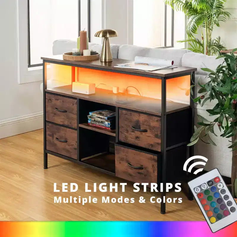 Tables console avec ports USB et station de charge, table d'entrée de 110 cm avec 4 tiroirs en tissu, table de canapé étroite avec étagères de rangement marron