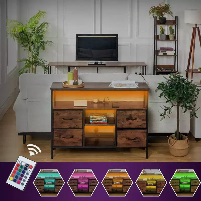 Tables console avec ports USB et station de charge, table d'entrée de 110 cm avec 4 tiroirs en tissu, table de canapé étroite avec étagères de rangement marron