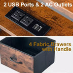 Tables console avec ports USB et station de charge, table d'entrée de 110 cm avec 4 tiroirs en tissu, table de canapé étroite avec étagères de rangement marron