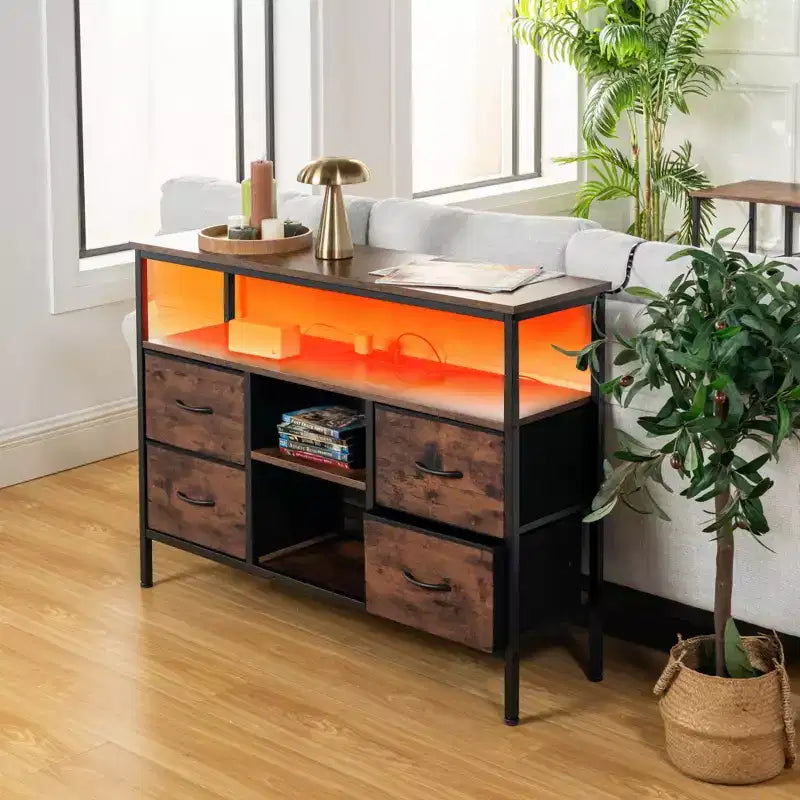 Tables console avec ports USB et station de charge, table d'entrée de 110 cm avec 4 tiroirs en tissu, table de canapé étroite avec étagères de rangement marron