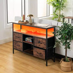Tables console avec ports USB et station de charge, table d'entrée de 110 cm avec 4 tiroirs en tissu, table de canapé étroite avec étagères de rangement marron