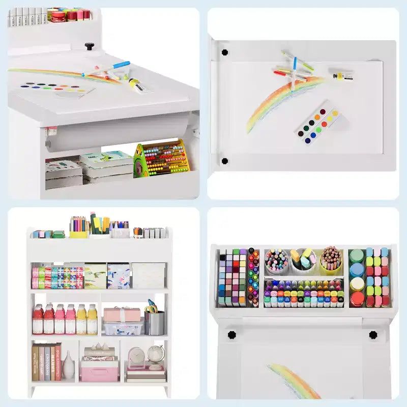 Table d'art pour enfants de 49 pouces, grande table d'activités pour enfants avec 2 chaises, bureau d'art multifonctionnel avec étagères de rangement pour chambre d'enfant, jardin d'enfants, blanc