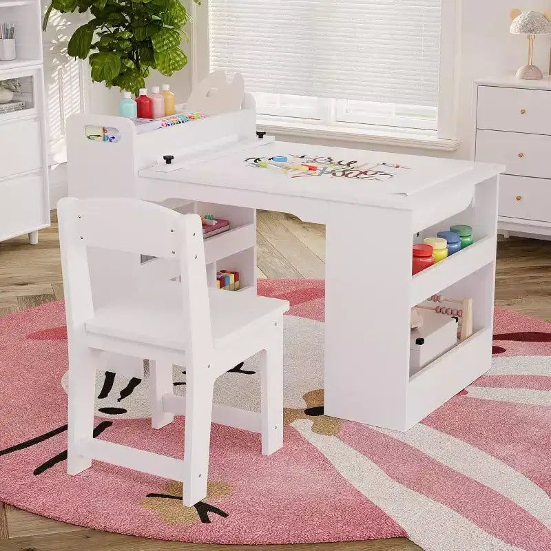 Table d'art pour enfants de 49 pouces, grande table d'activités pour enfants avec 2 chaises, bureau d'art multifonctionnel avec étagères de rangement pour chambre d'enfant, jardin d'enfants, blanc