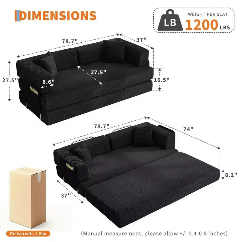 Canapé-lit convertible, canapé-lit de 78,8 po, canapé-lit pliant 5-en-1 avec cadre fixe, oreiller, tissu en velours côtelé