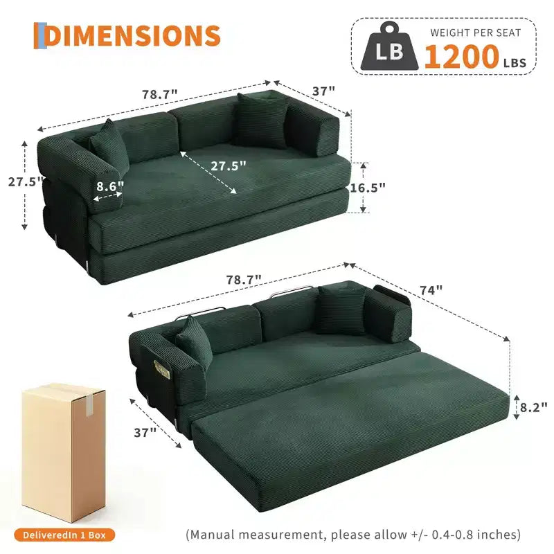 Canapé-lit convertible, canapé-lit de 78,8 po, canapé-lit pliant 5-en-1 avec cadre fixe, oreiller, tissu en velours côtelé