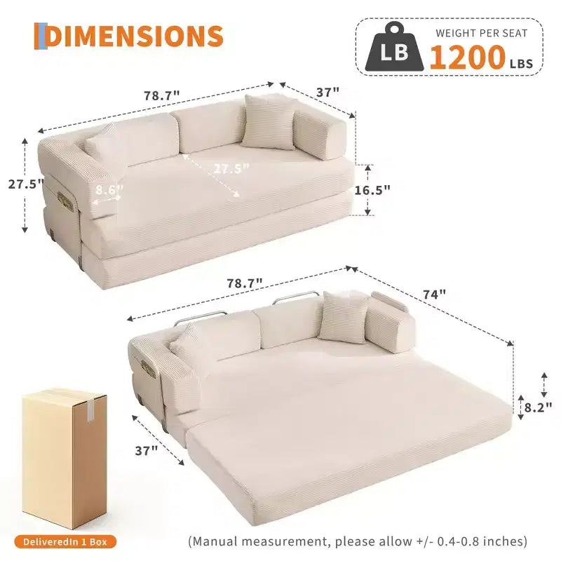 Canapé-lit convertible, canapé-lit de 78,8 po, canapé-lit pliant 5-en-1 avec cadre fixe, oreiller, tissu en velours côtelé