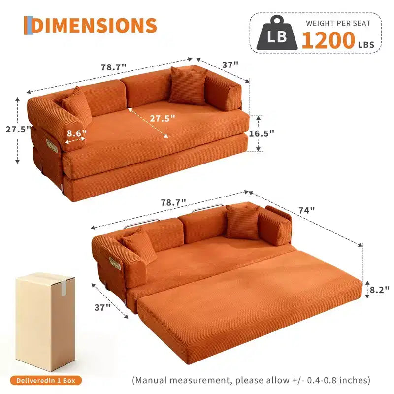 Canapé-lit convertible, canapé-lit de 78,8 po, canapé-lit pliant 5-en-1 avec cadre fixe, oreiller, tissu en velours côtelé