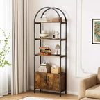 VINGLI Vitrine voûtée, Bibliothèque avec portes de rangement, Étagère à 5 niveaux, Élégante pour salon, salle à manger, bureau, salle d'étude, Marron rustique