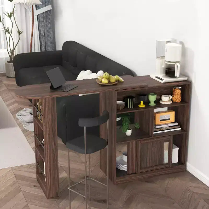 Meuble de salle à manger hauteur comptoir avec rangement, porte en verre cannelé et plateau rotatif à 3 étagères, meuble de bar moderne pour salle à manger et salon