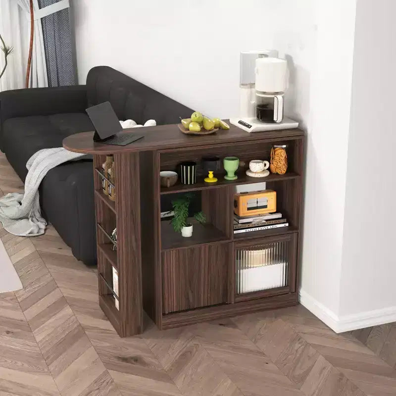 Meuble de salle à manger hauteur comptoir avec rangement, porte en verre cannelé et plateau rotatif à 3 étagères, meuble de bar moderne pour salle à manger et salon