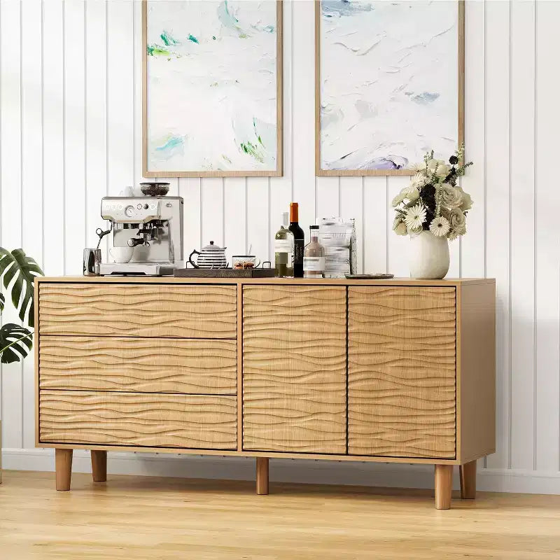 Buffet moderne du milieu du siècle de 61 po avec motif de rainures ondulantes - Grand buffet de rangement avec 3 tiroirs