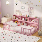 Lit au sol Montessori une place Costway avec étagères de rangement et barrières de sécurité Rose/Naturel/Blanc/Gris