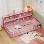 Lit au sol Montessori une place Costway avec étagères de rangement et barrières de sécurité Rose/Naturel/Blanc/Gris