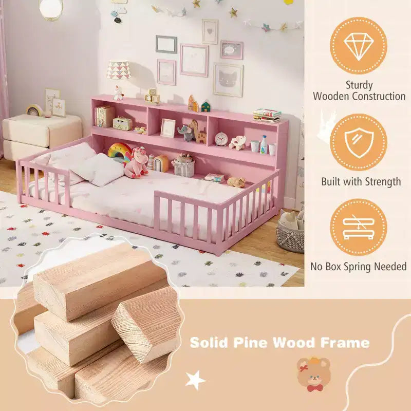 Lit au sol Montessori une place Costway avec étagères de rangement et barrières de sécurité Rose/Naturel/Blanc/Gris