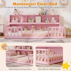 Lit au sol Montessori une place Costway avec étagères de rangement et barrières de sécurité Rose/Naturel/Blanc/Gris
