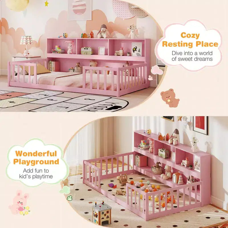 Lit au sol Montessori une place Costway avec étagères de rangement et barrières de sécurité Rose/Naturel/Blanc/Gris