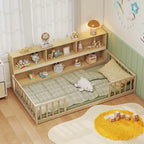 Lit au sol Montessori une place Costway avec étagères de rangement et barrières de sécurité Rose/Naturel/Blanc/Gris