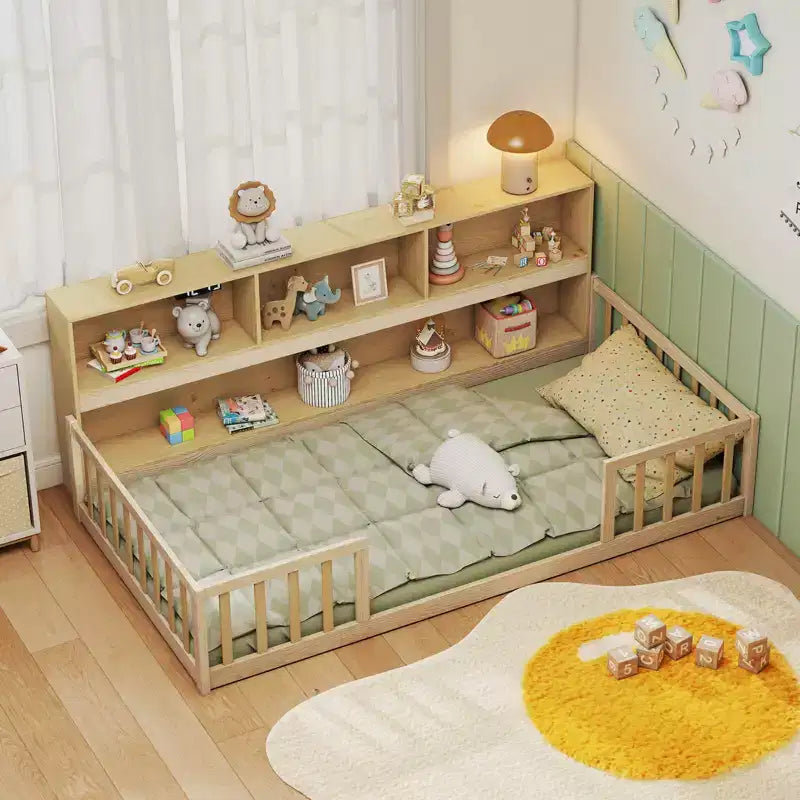 Lit au sol Montessori une place Costway avec étagères de rangement et barrières de sécurité Rose/Naturel/Blanc/Gris