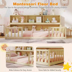 Lit au sol Montessori une place Costway avec étagères de rangement et barrières de sécurité Rose/Naturel/Blanc/Gris