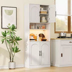 71.9Tall Arched Bookshelf, 7 Tier Farmhouse Wood Storage Cabinet with RGB Light, Barn Doors & 2 Open Shelves, for Living Room, Dining Room, Bathroom