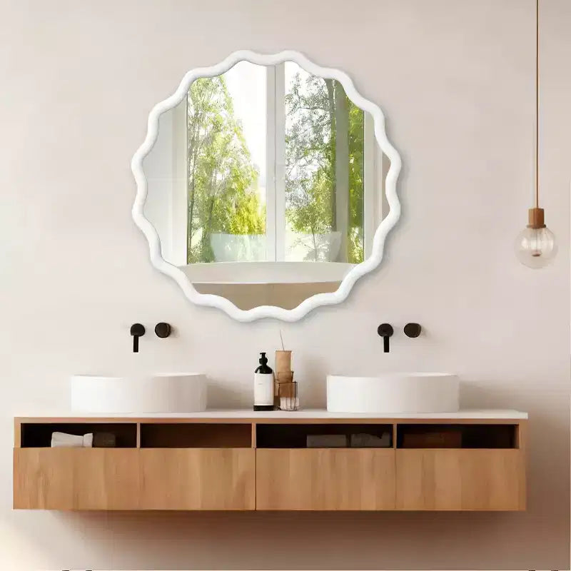 Miroir décoratif rond ondulé à cadre en bois massif blanc de 36 pouces, pour chambre à coucher, salle de bain, salon, entrée