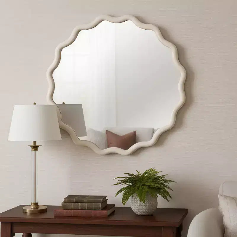 Miroir décoratif rond ondulé à cadre en bois massif blanc de 36 pouces, pour chambre à coucher, salle de bain, salon, entrée