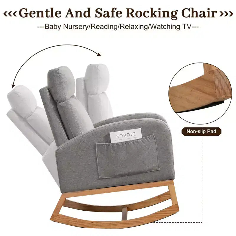 Fauteuil à bascule pour chambre d'enfant, Fauteuil à bascule rembourré pour chambre d'enfant avec pieds en bois d'hévéa, dossier haut confortable, poches latérales, fauteuil