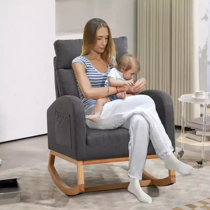 Fauteuil à bascule pour chambre d'enfant, Fauteuil à bascule rembourré pour chambre d'enfant avec pieds en bois d'hévéa, dossier haut confortable, poches latérales, fauteuil