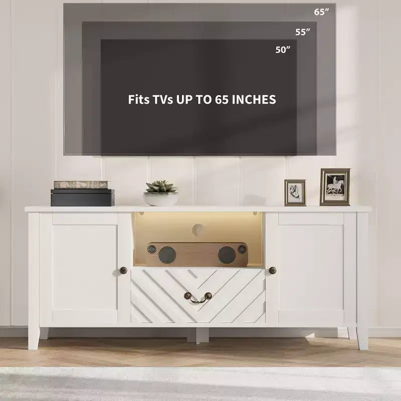 Meuble TV COZONY avec lumières LED, Table console TV rétro avec 2 compartiments de rangement et 1 tiroir, Meuble de divertissement pour salon
