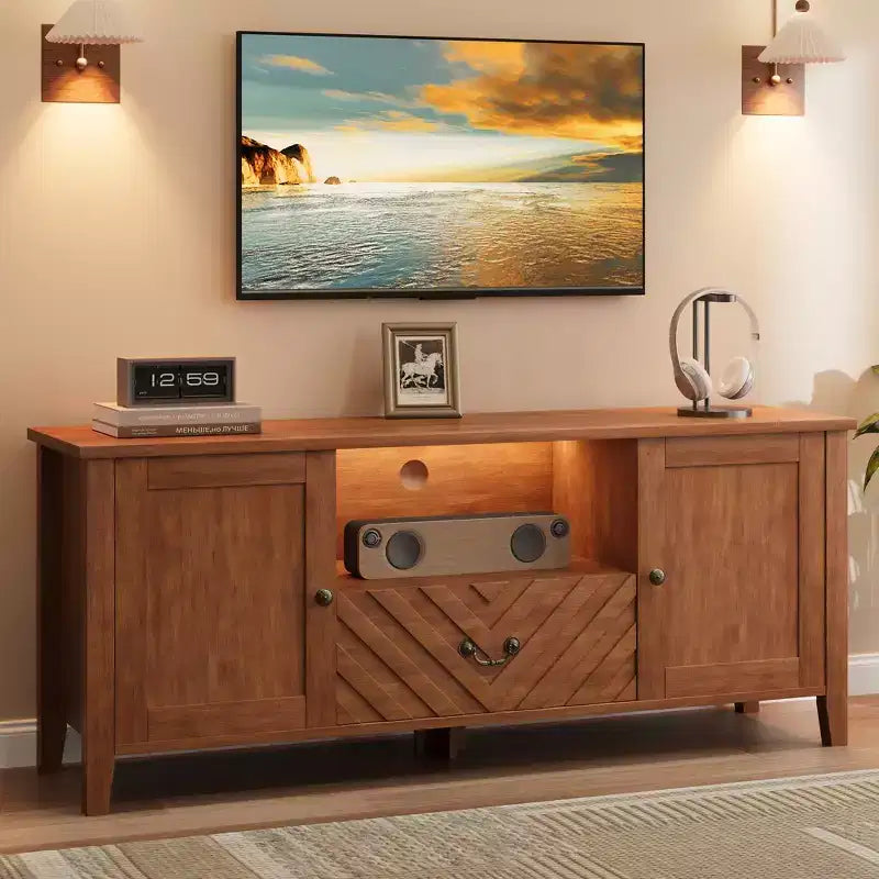 Meuble TV COZONY avec lumières LED, Table console TV rétro avec 2 compartiments de rangement et 1 tiroir, Meuble de divertissement pour salon